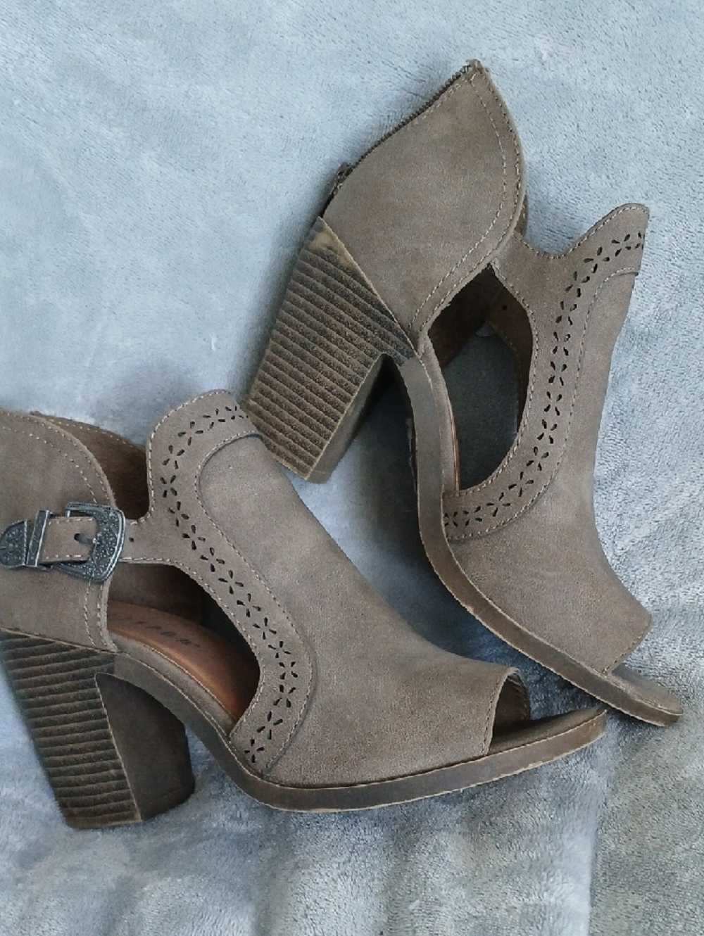 Jellypop Taupe Open-Toe Buckle Block Heel Sandals
